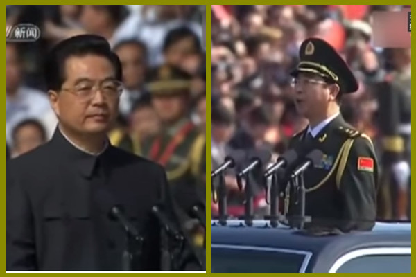 2009年10月1日，中共60年大庆时，房峰辉作为阅兵总指挥陪同胡锦涛检阅中共部队。（视频截图） 